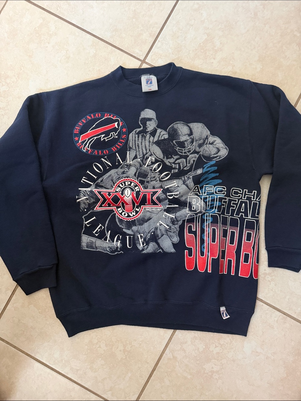 LOGO 7 Navy Buffalo Bills Super Bowl Crewneck Sweatshirt - Red & White Graphics